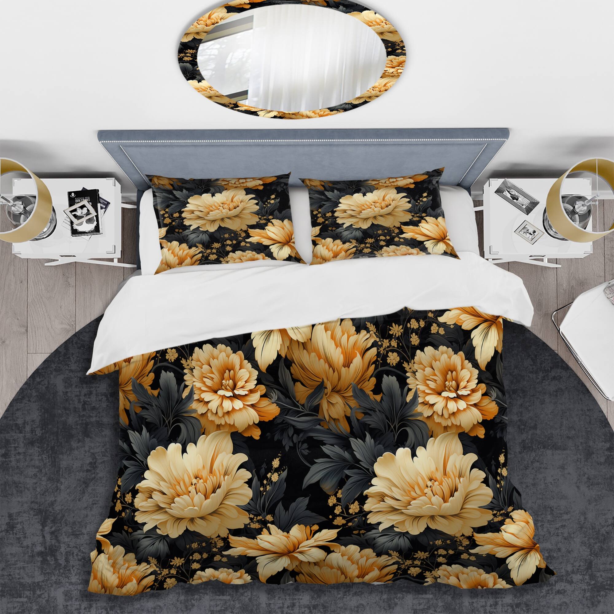 Designart "Yellow Hydrangea Flower Damask Dream" Damask bed cover set with 2 shams Bed Bath